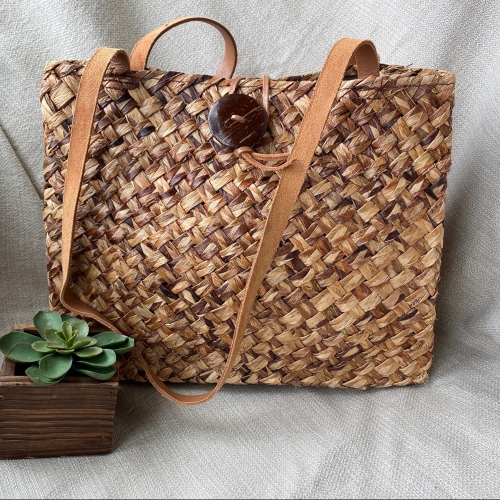 Woven Tote Bag with Leather Handles